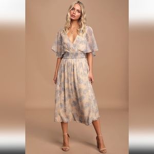 Subtle Romance Beige Floral Print Ruffled Midi Dress XS